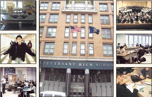 '공립고등학교의 보석'으로 불리는 스타이브샌트 고교 10층 건물 안에서 학생들은 다양하게 공부한다. 가운데는 고교 정문, 왼쪽 위부터 생물실, 건물 2층에서 밖으로 통하는 육교, 시청각실,오른쪽 위부터 연주회가 열리고 있는 1층 머레이칸 극장, 화학강의실, 제도실.사진제공 스타이브샌트 고교