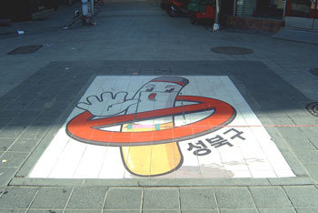 서울 성북구가 최근 성신여대 앞 하나로거리 바닥에 그려 넣은 대형 금연 포스터. -이광표기자
