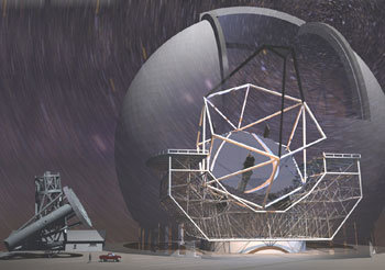 미국 캘리포니아공대가 주도해 개발 중인 지름 30m 망원경의 상상도. 우주 끝의 95%까지 볼 수 있을 전망이다. 왼쪽의 작은 망원경은 지름 200인치(5m) 헤일 망원경. -사진제공 캘리포니아공대