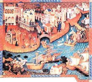 마르코 폴로 일가가 고향 이탈리아 베네치아를 떠나는 장면을 묘사한 그림. 13세기에 중국을 여행했던 이탈리아 상인 마르코 폴로는 ‘동방견문록’을 통해 중국문화를 서양에 전했고, 그 후 18세기까지 많은 유럽인들이 중국 문화의 영향을 많이 받았다.동아일보 자료사진