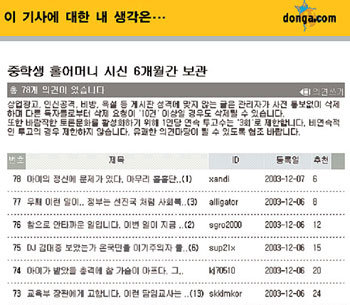 S군에 관한 얘기를 다룬 동아닷컴 기사에 덧글을 올린 네티즌의 의견들.