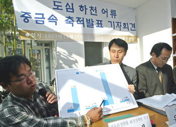 서울환경연합은 17일 서울 도심 하천에 사는 물고기의 중금속 오염이 심각하다고 밝혔다. 이 단체 관계자가 도표를 통해 물고기의 중금속 축적 정도를 설명하고 있다. -김동주기자