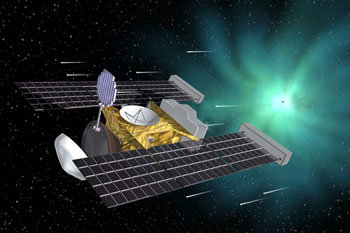 NASA의 탐사선 ‘스타더스트’가 특수물질 ‘에어로겔’이 든 채집기를 펼쳐 혜성 물질을 수집하는 상상도. -사진제공 NASA