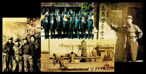 말도의 공작대원. 맨 왼쪽이 이용수씨다. 1980년대 한국을 방문해 공군 관계자와 사진을 찍은 니콜라스(앞줄 가운데 외국인). 서해 말도에 등대안내소란 위장 간판을 달고 있었던 대북공작기지(위).말도에서 운영한 북한침투공작선(1954년).(왼쪽부터 시계 방향)