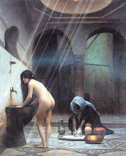 프랑스 화가 제롬의 작품 ‘터키탕의 여인’(1874∼1877년). 제롬은 목욕 중인 여자의 관능미를 극대화하기 위해 흑인 노예를 조연으로 출연시켜 여주인공의 우유빛 살결을 강조했으며, 수도꼭지에서 세차게 흐르는 물로 남자의 욕망을 자극한 다음 천장에서 쏟아지는 빛을 여체에 집중시켜 극적인 효과를 노렸다. 또 관객을 유혹하는 여자의 눈빛을 더욱 도발적으로 보이게 하기 위해 검고 긴 머리카락을 커튼처럼 늘어뜨렸다. 그림 출처는 경매사 크리스티가 1996년 펴낸 ‘Review of the Year’. 사진제공 이명옥씨