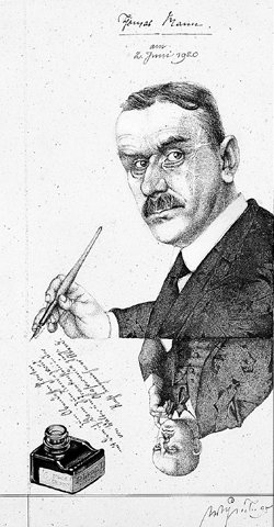 화가 미하엘 프레히틀이 토마스 만을 그린 잉크드로잉 수채화(1995년). ‘토마스 만은 자신의 작품에 대한 비평에 있어서도 최고의 전문가였다. 누구도 그를 능가할 수는 없었다’라고 라이히라니츠키는 평한다. 테이블에 비친 인물은 만의 친구인 작가 요제프 폰텐. 사진제공 씨앗을 뿌리는 사람