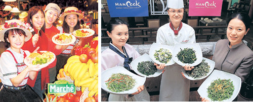 외식업체들이 ‘패스트푸드’라는 이미지를 털어내고 ‘건강식’을 강조하기 위해 다양한 건강메뉴를 개발하고 있다. 한식 외식전문업체인 한쿡(오른쪽)은 봄나물을, 마르쉐는 건강 샐러드바로 식탁을 새로 단장했다. 사진제공=마르쉐, 한쿡