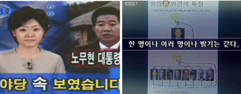 28일 밤 같은 시간대에 방송된 KBS 1TV의 ‘취재파일 4321’(오른쪽)과 MBC TV의 ‘시사매거진 2580’. KBS는 한나라당을 건전지 병렬연결에 비유한 패러디를, MBC는 야당을 부정적으로 묘사한 인터넷 뉴스 패러디 ‘헤딩라인 뉴스’를 여과없이 방영했다. -KBS와 MBC TV 화면 촬영