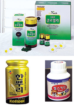 (맨위)대상 '클로렐라' 사진제공 대상 (아래 왼쪾)CJ '한뿌리' 사진제공 CJ 롯데 '헬스키드' 사진제공 롯데제과