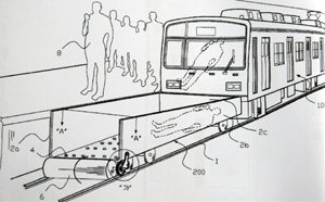 지하철 사망사고를 막는 ‘충격흡수용 무개차’ 개념도. 투신자가 열차에 뛰어들었을 때는 전동차 앞에 부착된 메모리폼 재질의 직사각형 무개차 안에 몸이 떨어지고, 선로에 미리 떨어졌을 때도 롤러가 돌면서 무개차 안에 몸을 들어올려 놓도록 설계돼 있다. -부산=연합