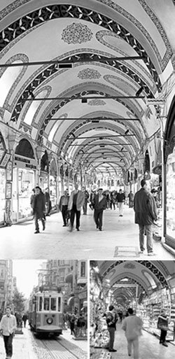그랑바자의 내부. 화려한 문양의 천정 돔이 이채롭다. 이스탄불 시내를 운행하는 전차(아래 작은 사진 왼쪽) 와 쇼핑에 열중하는 관광객들(오른쪽). 사진제공 월드콤