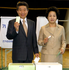 노무현 대통령 내외가 15일 오전 7시 서울 종로구 청운동 제1투표소인 국립서울농학교에서 기표한 투표용지를 투표함에 넣기 직전 들어 보이고 있다. -박경모기자