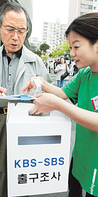 15일 서울 마포구 도화2동 사무소에 차려진 투표소 앞에서 방송사의 한 출구조사요원이 투표를 마치고 나온 유권자를 상대로 어느 후보에게 투표했는지를 조사하고 있다.  -강병기기자