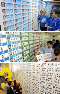 15일 한나라당, 민주당, 열린우리당(위부터)의 선거상황실에서 각 당 선대본부 관계자들이 개표상황판을 점검하고 있다. 개표가 진행되면서 각 당 상황실엔 탄성과 탄식이 엇갈렸다.-서영수기자·안철민기자·김경제기자