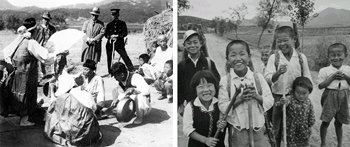 1930년대 일본인 학자와 경찰이 냉소적 자세로 강원 고성군에서 열린 굿판을 지켜보고 있다(왼쪽). 1967년 인천 강화도에서 지게를 진 농촌 어린이들이 카메라 앞에서 해맑은 미소를 짓고 있다. 다같이 근대화 이전의 풍광을 담은 흑백사진이지만 사진에 묻어나는 정서는 너무도 다르다.  -사진제공 서울대박물관·국립중앙박물관