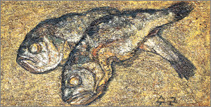 1962년 작 ‘굴비’는 3호짜리의 작은 정물화지만 소박한 구도와 중후한 색상 표현으로 박수근의 서민적 회화감을 잘 나타낸 명작으로 꼽힌다.