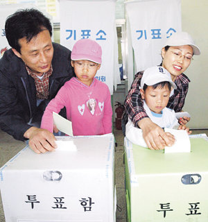 15일 제17대 국회의원 선출을 위해 대구 북구의 한 투표소에서 투표하는 한 가족. 저자 버나드 마넹 교수는 선거가 민주주의의 제도로 자리잡게 된 과정을 검토하며 독자들이 민주주의의 원리에 대해 근본적으로 고민해 볼 수 있는 기회를 제공한다.동아일보 자료사진