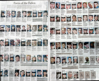 워싱턴포스트는 지난달 30일 3페이지에 걸쳐 이라크 전쟁에서 숨진 미군 전사자들의 사진을 실었다. 이 신문은 미군 당국이 사진을 내놓지 않아 전사자 가족과 지방 신문들로부터 사진을 얻어 게재했다.  -워싱턴=EPA 앤빅