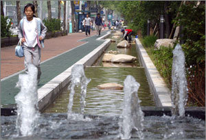 11일 오후 서울 강남구 대치동 개포우성아파트 단지와 남부순환로 사이에 조성된 ‘도곡천’(가칭)의 전경. 연못과 분수, 나무들이 어우러져 도심에서는 흔치 않은 자연이 느껴진다. 원대연기자