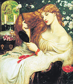 단테 가브리엘 로세티의 ‘릴리트 부인’. 르네상스 시대에 이탈리아에서는 풍성하고 긴 금발이 세련미의 상징이었다. 레몬즙, 수레국화를 달인 탕약으로 머리를 감고 유황 가루로 된 약물을 바르기도 했다. 사진제공 김영사