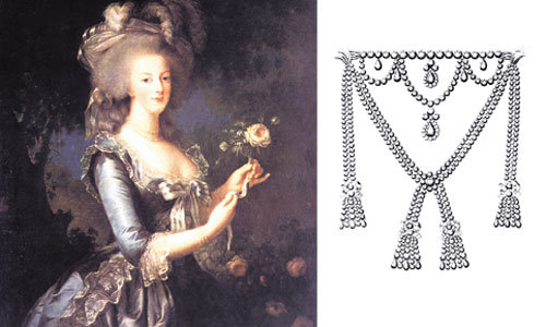 비제 르브링의 ‘장미를 든 마리 앙투아네트’(왼쪽). 화려한 생활로 인해 자신이 이미 구설수에 올라 있음을 알고 있던 마리 앙투아네트 왕비는 600여개의 다이아몬드로 만든 목걸이(오른쪽)를 사지 않겠다고 했다. 하지만 다이아몬드 목걸이 사기사건에 휘말리는 것은 피할 수 없었다. 사진제공 책세상