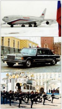 대통령 전용기 IL. 폭탄이 터져도 끄떡없는 대통령 전용의 질 리무진. 크렘린의 경비를 맡은 '대통령 근위연대'의 행진 모습(위부터). 크렘린 공보비서실 제공