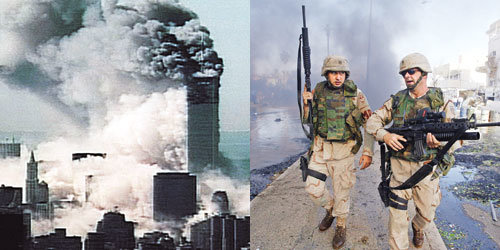 (왼쪽)미국 뉴욕 세계무역센터에 대한 9·11테러. 브루스 페일러는 9·11테러의 현장을 목격한 뒤 유대교, 기독교, 이슬람교에서 공통적으로 존중되는 아브라함을 통해 화해의 길을 모색했다.동아일보 자료사진   (오른쪾)이라크 바그다드에서 중무장을 하고 경계 중인 미군 병사들. 세계체제론자인 이매뉴얼 월러스틴 교수는 한반도에서도 미국의 영향력은 불가피하게 줄어들게 돼 있다고 주장한다.동아일보 자료사진