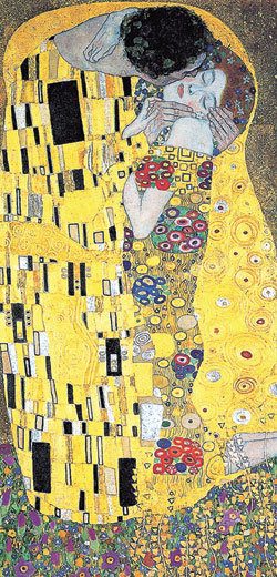 구스타프 클림트의 ‘키스’(1907∼1908년 작). 당초 오스트리아 빈의 부호 스토클레의 저택 식당 벽을 장식하기 위해 그려졌던 이 그림은 나와 타자, 인물과 배경이 경계를 허물고 한몸으로 섞인 황홀경을 묘사했다.사진제공 예담