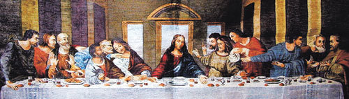 예수와 열두 제자를 그린 레오나르도 다빈치의 ‘최후의 만찬’. ‘다빈치 코드’는 왼쪽에서 여섯 번째 인물, 즉 예수의 바로 왼쪽 인물이 남성이 아닌 여성으로 마리아 막달레나이며 예수와 막달레나의 겉옷과 망토색이 교차하는 것은 두 사람의 합일을 음양의 조화로 바라본 것이라고 주장한다.