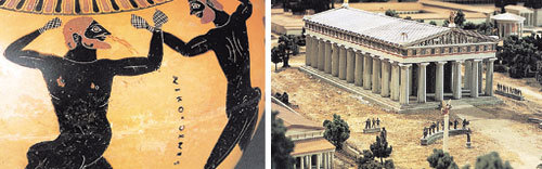 (왼쪽)기원전 550년∼기원전540년 고대 아테네에서 만들어진 암포라(몸통이 불룩하고 목이 긴 항아리)의 그림. 2명의 권투 선수가 주먹을 가죽줄로 칭칭 감고 싸우는 장면이다. 제우스 신전의 모형. 원래 신전의 현관 안에는 전설상의 올림픽 경기 창설자인 헤라클레스의 12가지 노역을 묘사하는 패널이 걸려 있었다.사진제공 효형출판