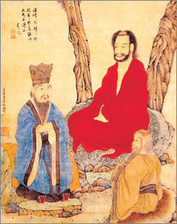 공자 부처 노자(왼쪽부터)가 대화를 나누는 장면을 그린 작자 미상의 ‘삼교도’. 이지는 불교와 도교의 중심 되는 가르침이 유교와 동일하다는 삼교귀유(三敎歸儒)를 주장했다. -사진제공 한길사