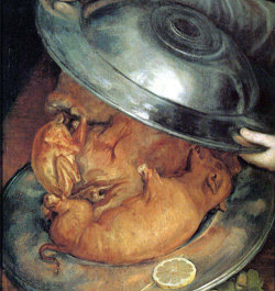 고깃덩어리 속에 숨은 얼굴16세기 이탈리아 화가 쥐세페 아르침볼도의 ‘요리사’. 쟁반 속 고깃덩어리들 사이로 투구를 쓴 병사의 얼굴이 연상되는 모습이 보인다. 그림의 위 아래를 바꾸어서 보면 또다른 옆 얼굴이 나타난다. 사진제공 진중권