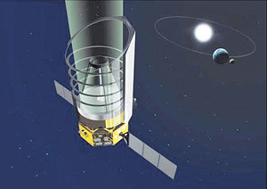 한국이 개발에 참여하는 적외선 우주망원경 ‘스피카’ 상상도. 스피카 뒤로 태양 지구 달(왼쪽부터)이 보인다.- 사진제공 천문연구원