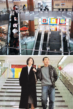 서울 지하철 6호선 녹사평역의 실제 모습(위)과 영화 ‘와일드카드’에 나온 모습. 녹사평역은 독특하고도 화려한 설계로 각종 CF와 화보의 단골 촬영지가 됐다.- 장강명기자