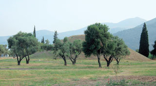 기원전 490년 아테네군이 페르시아군을 격파할 당시 숨졌던 192명의 아테네 병사가 묻혀 있는 무덤인 ‘팀보스’ 전경. 전투가 벌어졌던 아테네 북동쪽 마라톤 평야에서 아테네 쪽으로 5km 떨어진 지점에 있다. 2004 아테네 올림픽 마라톤코스도 이곳을 지난다. -아테네=양종구기자