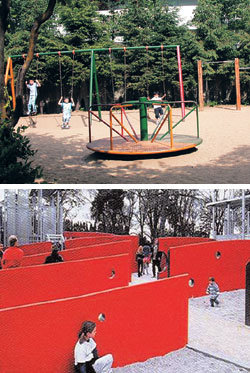 서울 서대문구 대현동의 한 아파트 놀이터(위)와 호주 멜버른의 칼튼가든 놀이터. 서울의 놀이터는 미끄럼틀 그네 등 획일적인 형식이지만 외국의 놀이터는 예술가들이 놀이터 조성에 참여해 조형미가 돋보인다.- 사진제공 서울문화재단