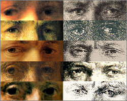10점의 렘브란트 자화상에서 눈 부분만 떼어내 모자이크한 그림. 5점의 유화(왼쪽)에서 렘브란트의 왼쪽 눈은 정면을 향하는 데 비해 오른쪽 눈은 평균 10도 바깥쪽을 향하는 것으로 밝혀졌다. 사물이 반대로 찍히는 판화 5점(오른쪽)에서는 반대의 경향이 나타났다. 사진제공 뉴욕타임스