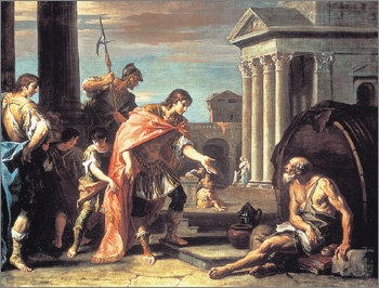 유럽과 아시아를 잇는 세계제국을 이룩한 알렉산더 대왕은 훗날 수많은 일화와 야사의 주인공으로 윤색됐다. 18세기 이탈리아 화가 세바스티아노 리치의 ‘철학자 디오게네스를 방문한 알렉산더’. 사진제공 해냄