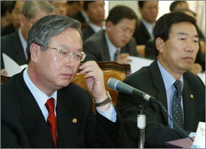 21일 교육인적자원부에 대한 국정감사에서 안병영 교육부총리(왼쪽)가 심각한 표정으로 고교등급제 등 교육 현안에 대한 국회의원들의 질문을 듣고 있다. -서영수기자