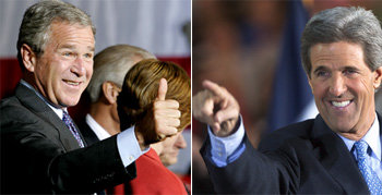 조지 W 부시 미국 대통령(왼쪽)은 27일 오하이오주 유세에 나섰고, 존 케리 민주당 후보는 아이오아주를 방문했다. 이날 두 후보는 이라크에서의 폭발물 증발 사건을 놓고 상대방을 비난했다. -빈·수시티=로이터 뉴시스 AP 연합