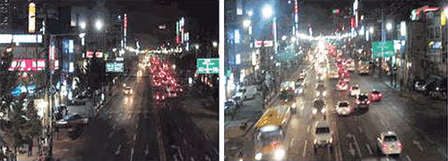 절전형 전구를 설치하기 전(왼쪽)과 후의 서울 중랑구 망우로. 절전형으로 교체한 뒤 밤거리가 한층 밝아졌다. 사진제공 서울시