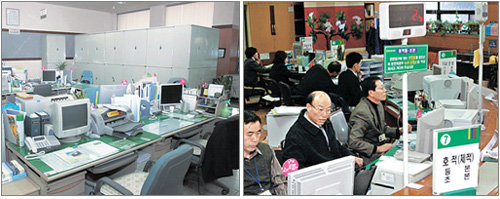 전국공무원노동조합이 15일 총파업에 들어갔다고 밝혔지만 지역별로 파업참가율은 큰 차이를 보였다. 공무원들이 정상 출근을 하지 않아 텅 빈 울산 남구청 민원실(왼쪽)과 평소와 다름없이 공무원들이 출근한 서울 종로구청 민원실의 대조적인 모습. 울산=연합·안철민기자