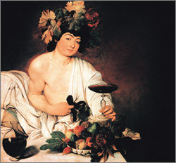 16세기 이탈리아 화가 미켈란젤로 다 카라바조의 그림 ‘바쿠스’. 로마 신화에 나오는 술의 신 바쿠스가 술잔을 손에 쥔 채 과일이 가득한 테이블 뒤에 앉아 있다. 브리야 사바랭은 숨지기 전해인 1825년 ‘미식 예찬’을 익명으로 펴냈으나 오래잖아 파리 사교계에선 그가 지은이라는 사실이 퍼져 나갔다. -사진제공 르네상스