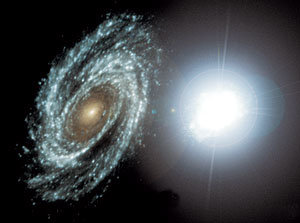 자외선으로 본 보통 은하와 아기 은하(오른쪽). 아기 은하에서 폭발적으로 별이 태어나고 있다. 사진 제공 미국항공우주국