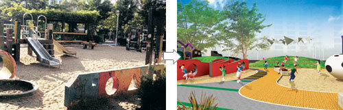서울 노원구 월계동 월계3지구 사슴2단지 SH공사(옛 서울도시개발공사) 임대아파트의 현재 모습(왼쪽 사진)과 서울문화재단이 제시한 리모델링 방안. 산만하게 배치된 놀이시설을 정리해 놀이 공간(미끄럼틀 있는 곳), 집회 및 휴게 공간(모래사장 주변), 조경 공간(잔디밭 주변)으로 크게 구분했다. ‘치즈 월’(구멍 뚫린 벽)과 ‘에그 홀’(알 모양 구조물)은 독특한 형태로 어린이들의 호기심과 모험심을 자극하고 근력 운동에 도움을 준다. 자료 제공 서울문화재단