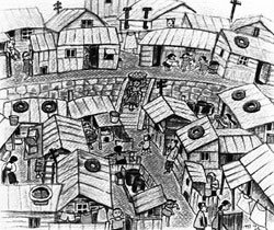 ‘고바우 영감’ 김성환 화백이 묘사한 1950년대 서울 해방촌의 판자집 풍경. 그림 제공 열림원