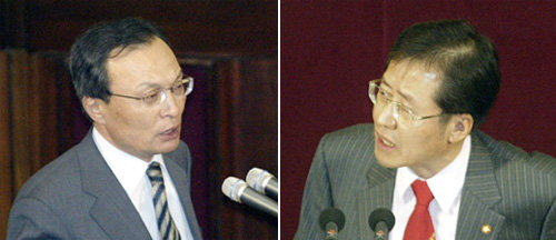 이해찬 국무총리(왼쪽)가 14일 열린 임시국회 대정부질문에서 한나라당 홍준표 의원이 “‘차떼기당’이라고 한 것은 너무 심했지요”라며 자극하는 발언을 계속하자 “작년에 다 말씀드렸다. 정책에 대한 질문을 해 달라”며 불편한 심기를 드러내고 있다. 김동주 기자