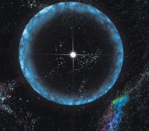 중성자 별 ‘SGR 1806-20’의 대폭발 직후 감마선 섬광(원 모양)이 퍼져나가는 상상도. 사진제공 미국 항공우주국