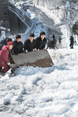 “널빤지로 치워요”기상관측 101년 만에 가장 많은 눈이 내린 부산에서는 6일 낮까지 도로 교통이 사실상 마비되고 부두의 하역작업이 19시간 동안 중단되는 등 큰 피해가 났다. 폭설로 통행이 끊긴 중구 대청공원 산복도로에서 6일 공무원과 주민들이 판자를 이용해 눈을 치우고 있다. 부산=연합