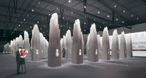 10월 프랑크푸르트 국제도서전의 전시관 내에는 한국의 ‘주빈국관’이 만들어진다. 주빈국관에 조성될 ‘한국의 책 100’ 공간 가상도. 인공 거석 안에 전자책들이 들어 있다. 사진 제공 2005 프랑크푸르트국제도서전 주빈국 조직위원회